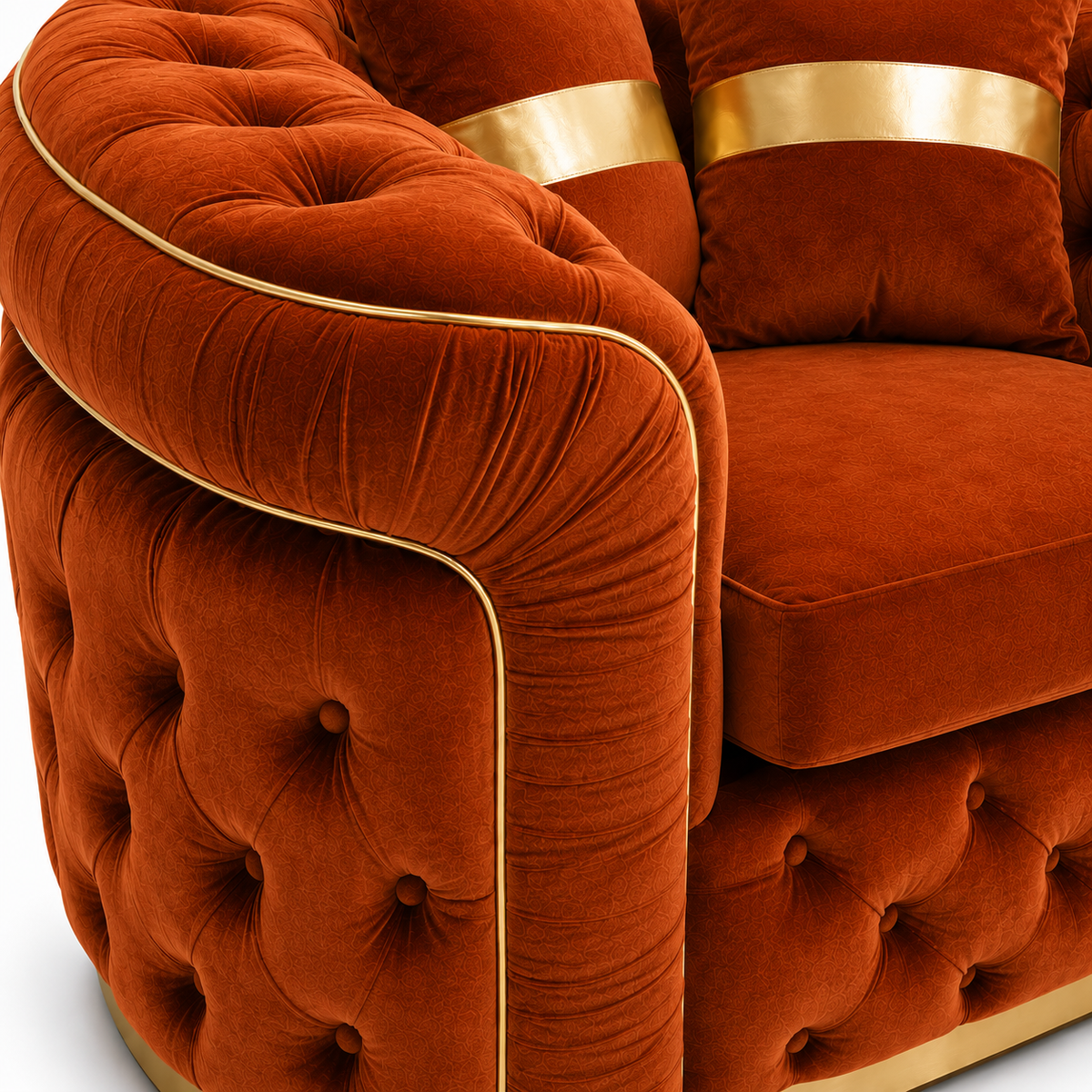 1 Seater Madrid Chesterfield Plush Velvet Burnt Orange Sofa - Detailed Angle View 3