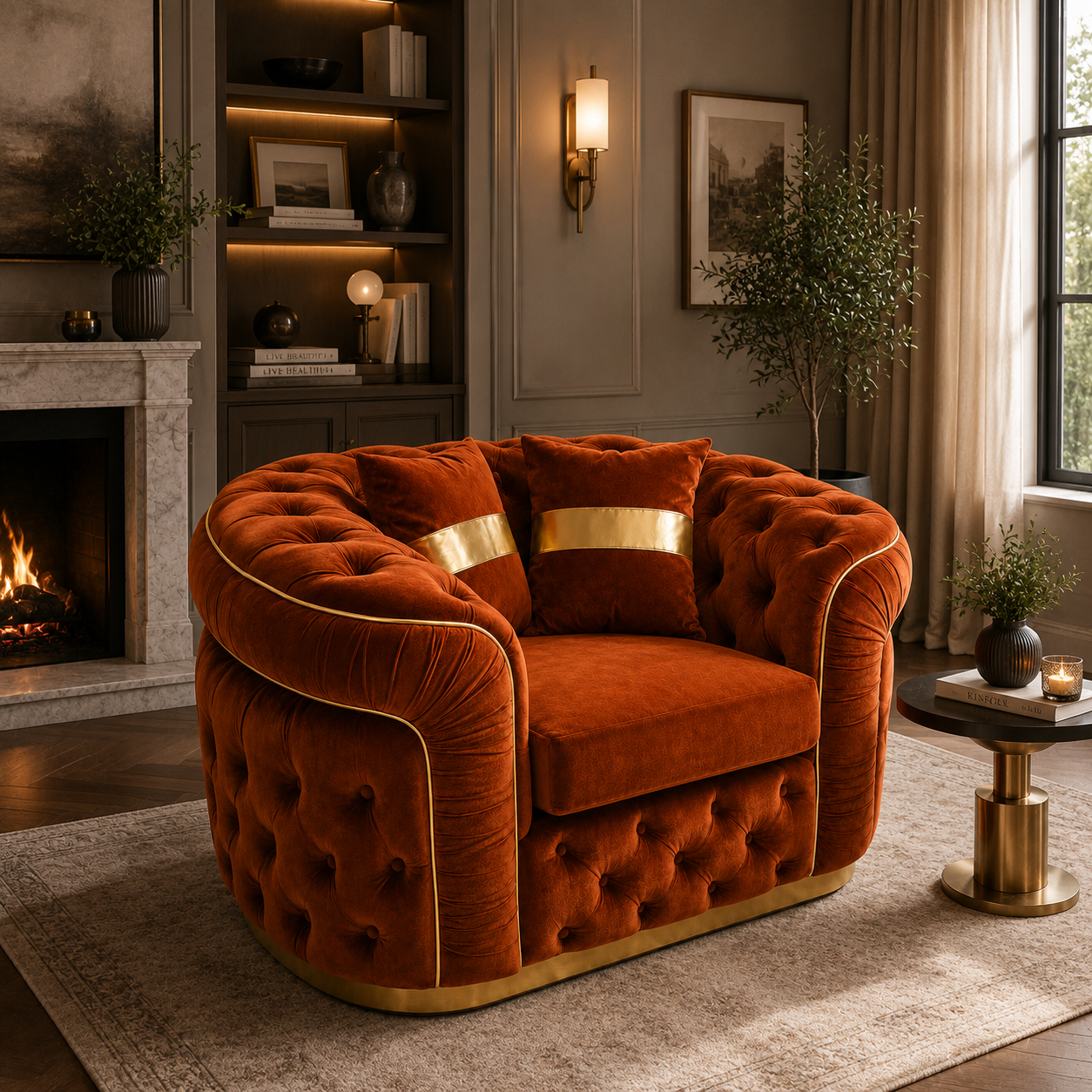 1 Seater Madrid Chesterfield Plush Velvet Burnt Orange Sofa - Detailed Angle View 4