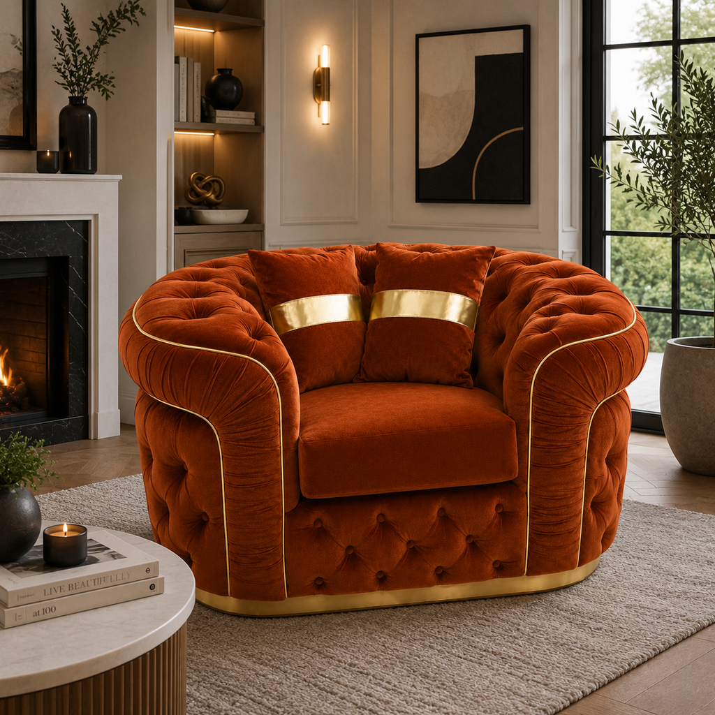 1 Seater Madrid Chesterfield Plush Velvet Burnt Orange Sofa - Detailed Angle View 5