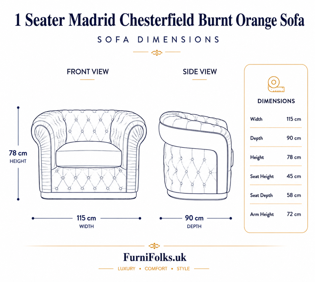 1 Seater Madrid Chesterfield Plush Velvet Burnt Orange Sofa - Detailed Angle View 6