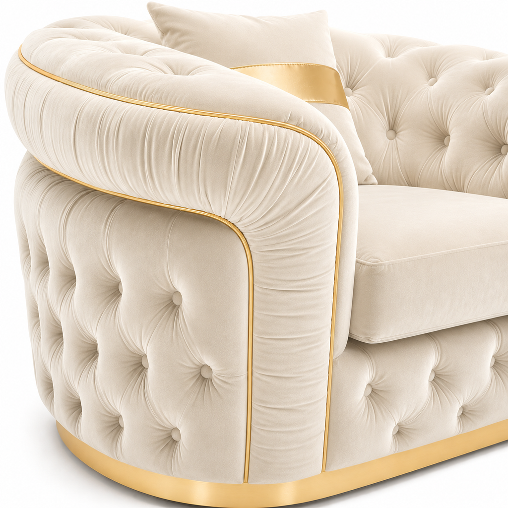 1 Seater Madrid Chesterfield Plush Velvet Cream Sofa - Detailed Angle View 3