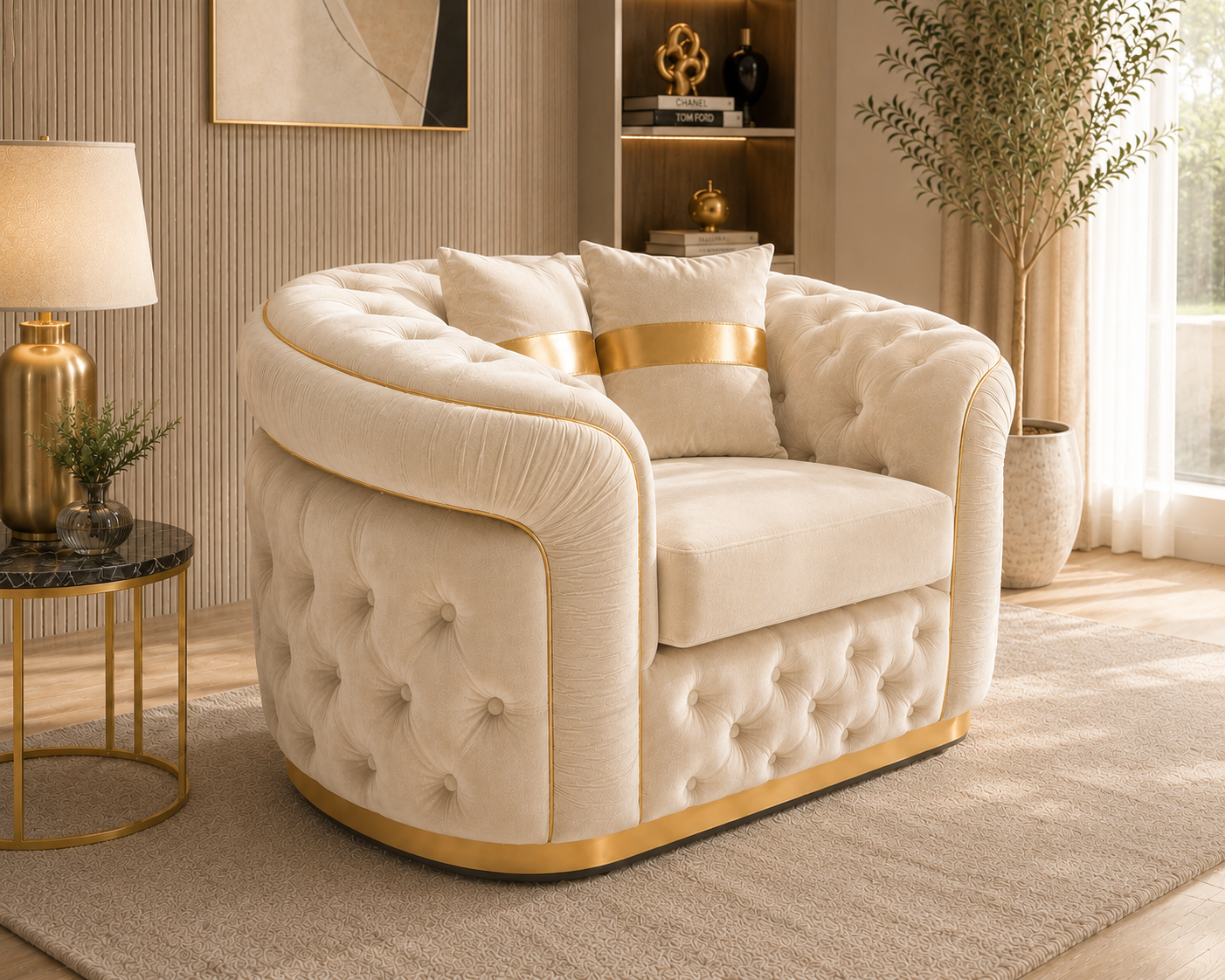 1 Seater Madrid Chesterfield Plush Velvet Cream Sofa - Detailed Angle View 4