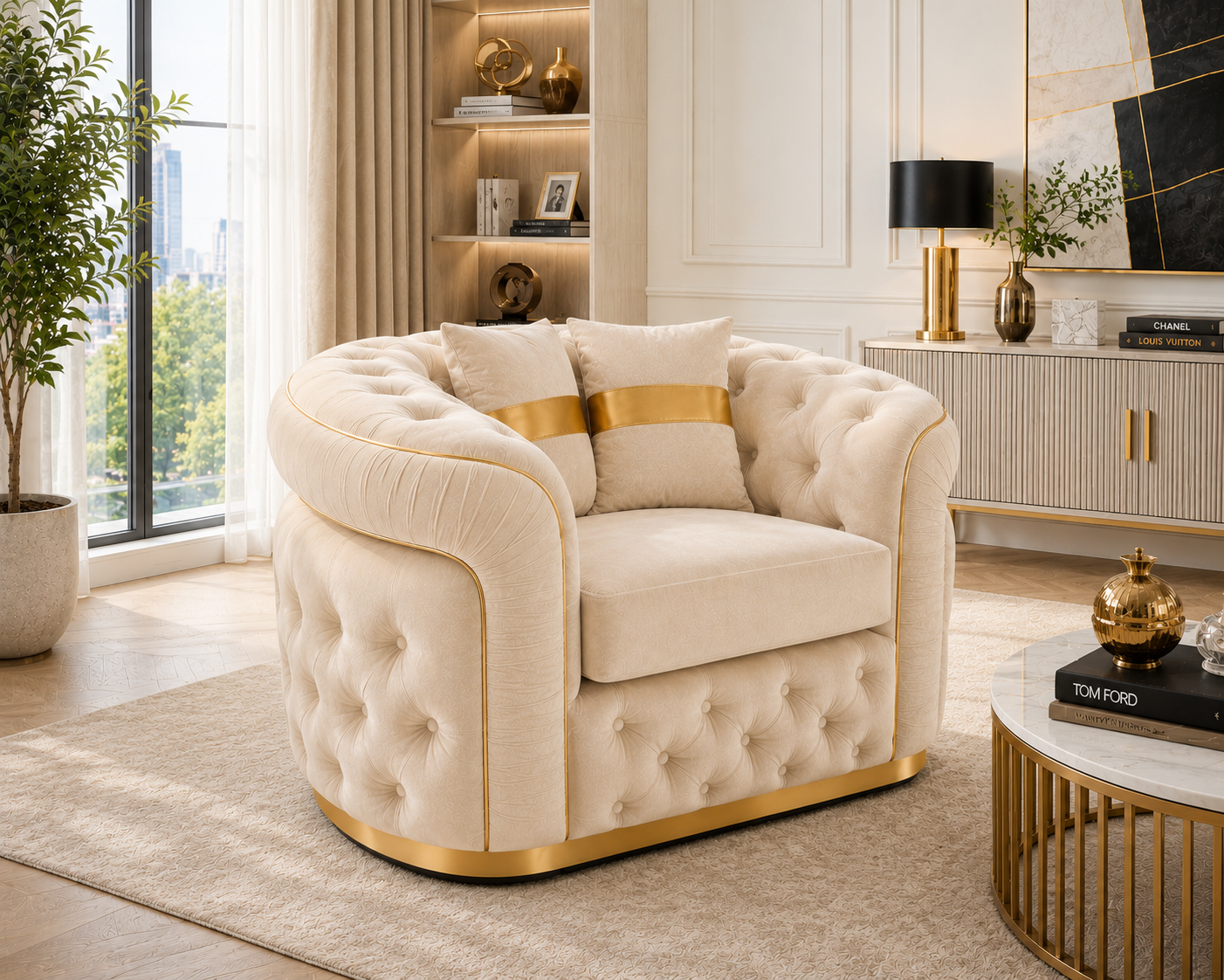 1 Seater Madrid Chesterfield Plush Velvet Cream Sofa - Detailed Angle View 5