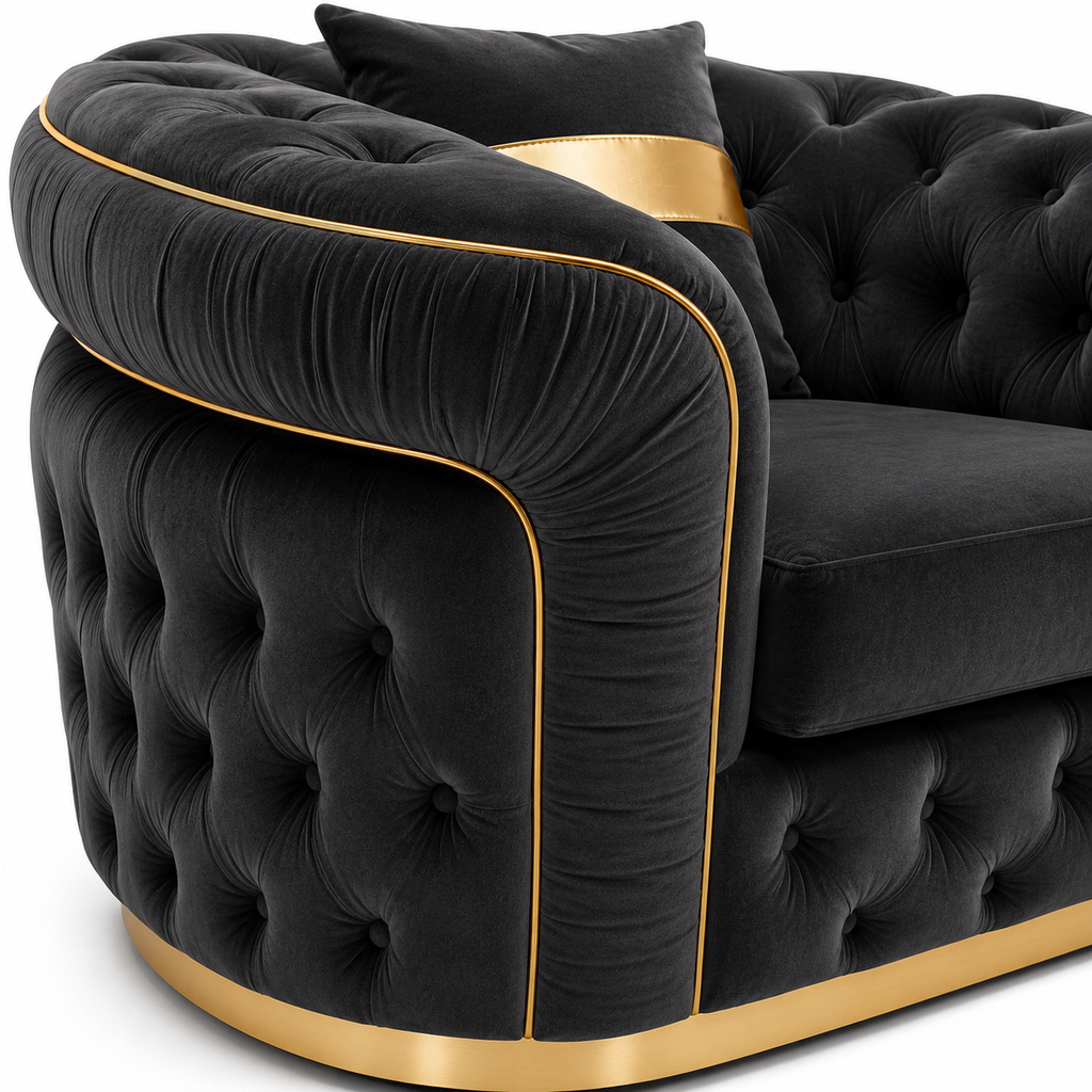 1 Seater Madrid Chesterfield Plush Velvet Dark Grey Sofa - Detailed Angle View 3