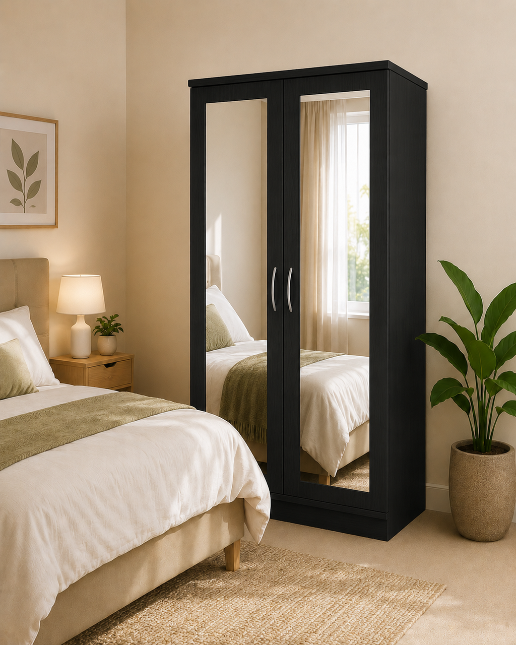 2 Door Lady Wardrobe Black | Sleek Executive Storage Solution - Detailed Angle View 5