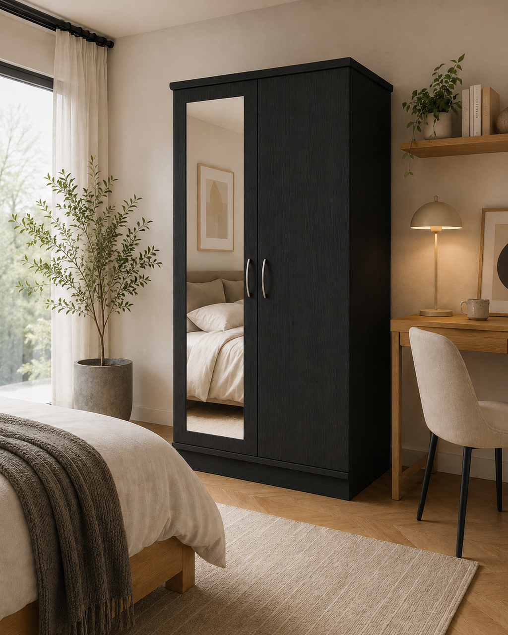 2 Door Lady Wardrobe Black | Sleek Executive Storage Solution - Detailed Angle View 6