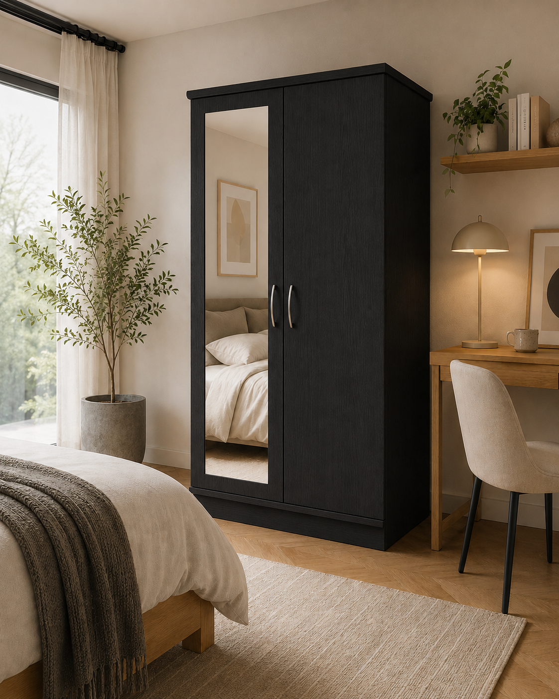 2 Door Lady Wardrobe Black | Sleek Executive Storage Solution - Detailed Angle View 6