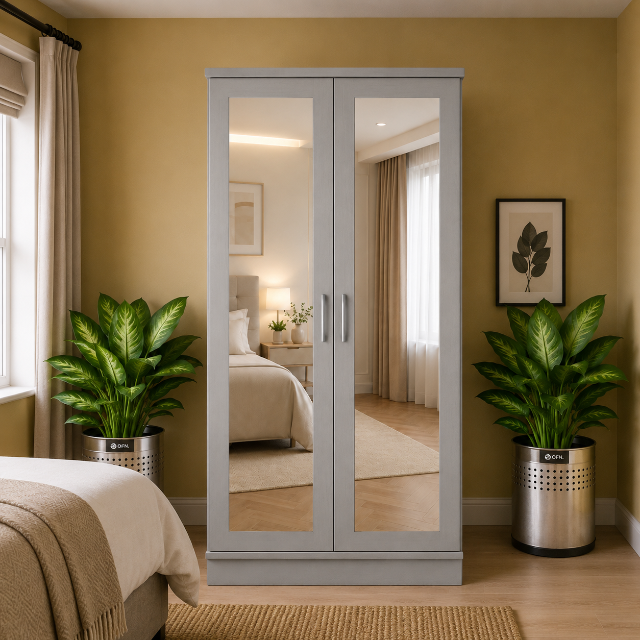 2 Door Lady Wardrobe Gray | Premium Modern Storage - Detailed Angle View 7
