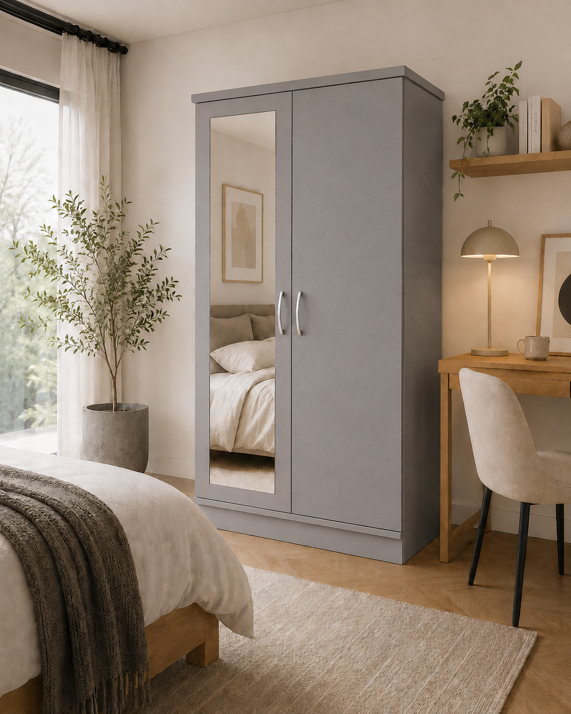 2 Door Lady Wardrobe Gray | Premium Modern Storage - Detailed Angle View 6