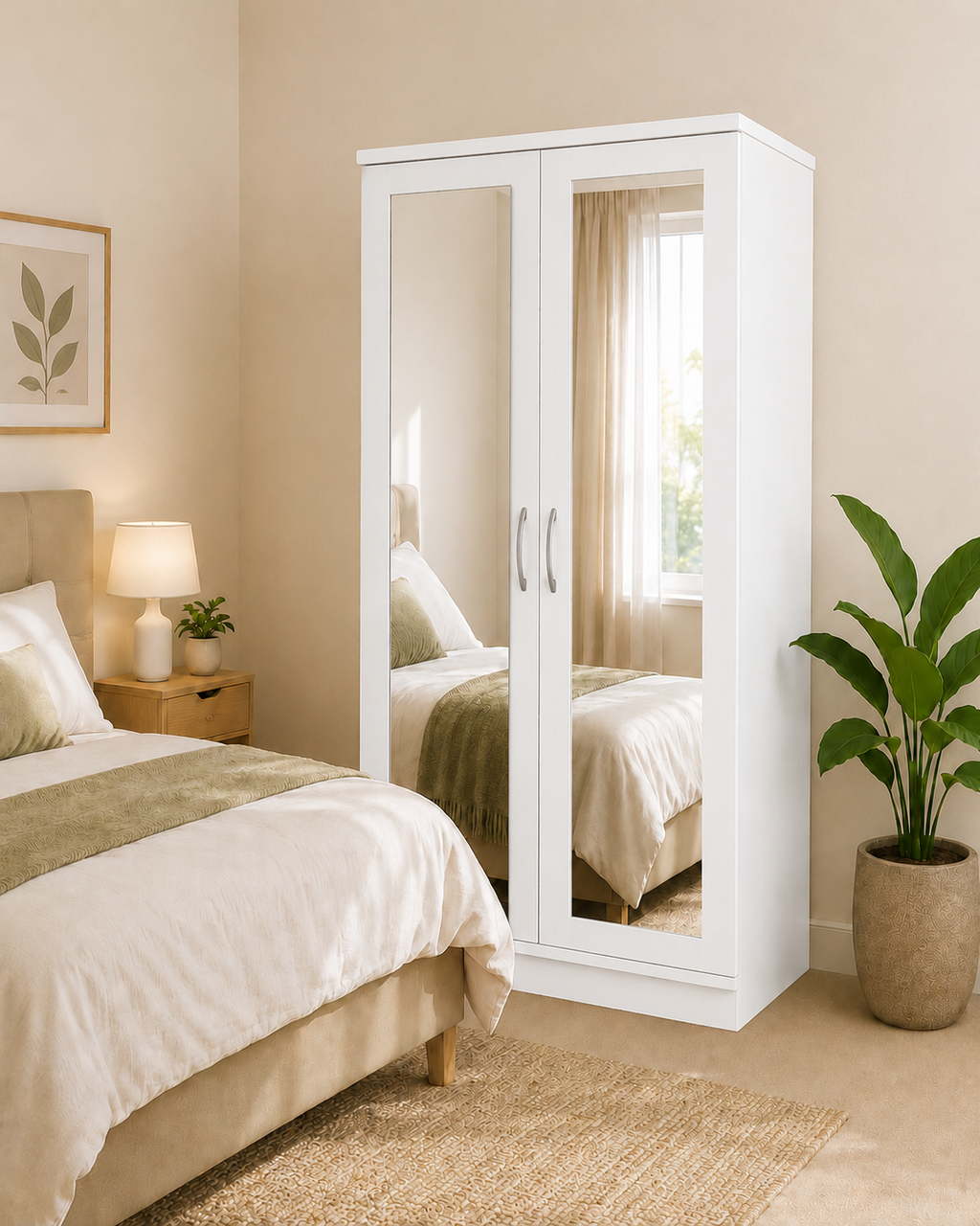 2 Door Lady Wardrobe White | Modern Bedroom Essential - Detailed Angle View 5