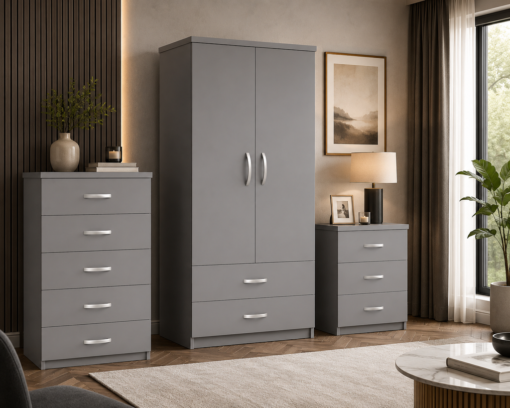 2 Door Wardrobe Set Gray | The Contemporary Urban Trio - Detailed Angle View 4