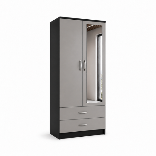 2 Door Wardrobe Single Black + Gray | Private Lifestyle - Detailed Angle View 2
