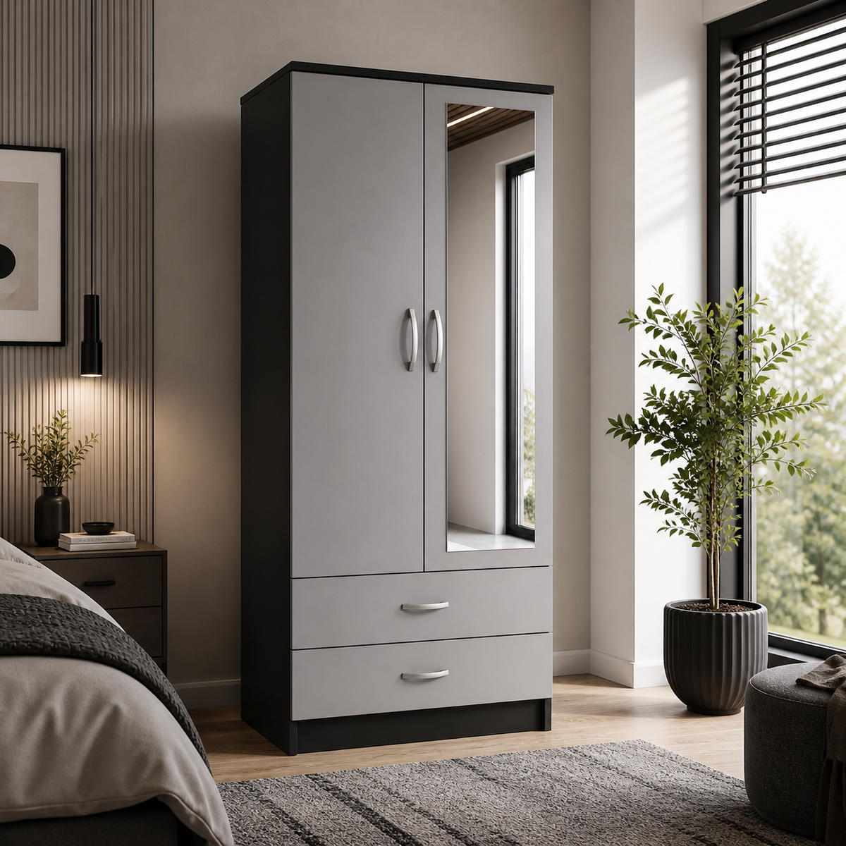 2 Door Wardrobe Single Black + Gray | Private Lifestyle - Detailed Angle View 4