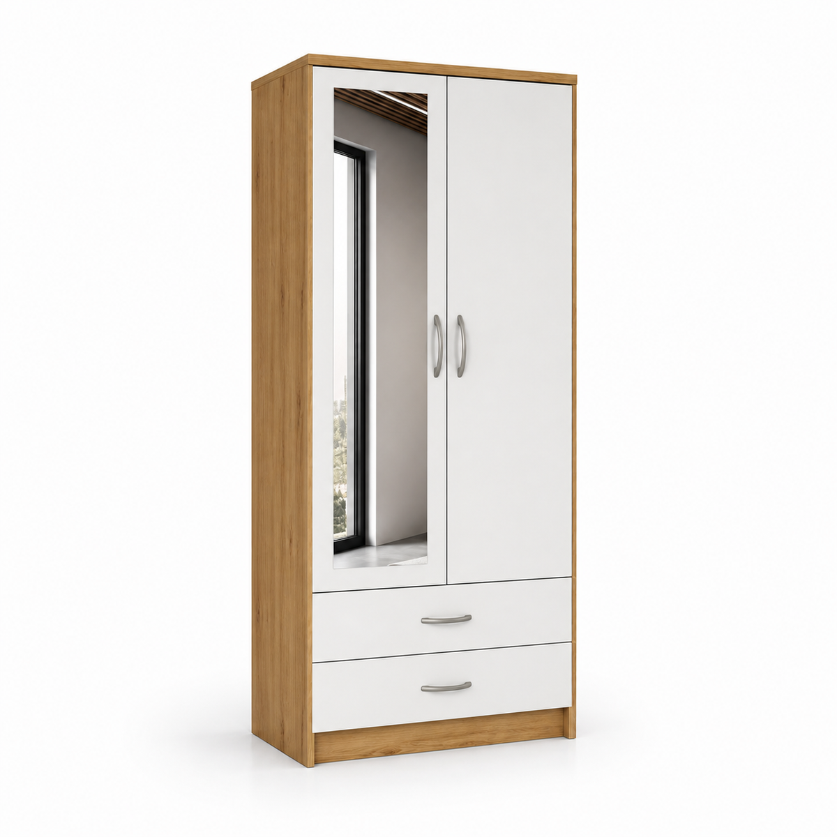2 Door Wardrobe Single Oak + White | Aesthetic Storage Style - Detailed Angle View 2