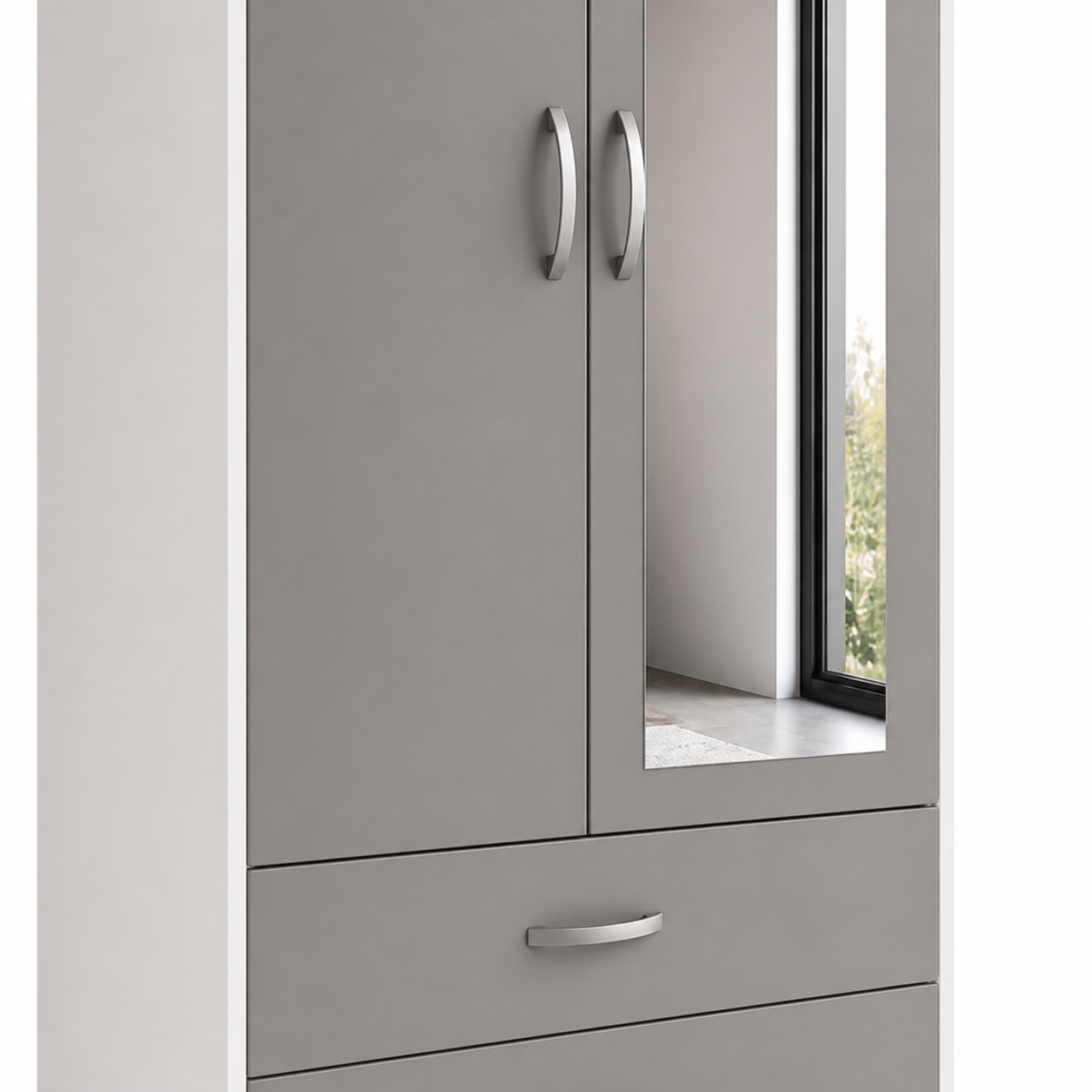 2 Door Wardrobe Single White + Gray | Modern Storage - Detailed Angle View 3