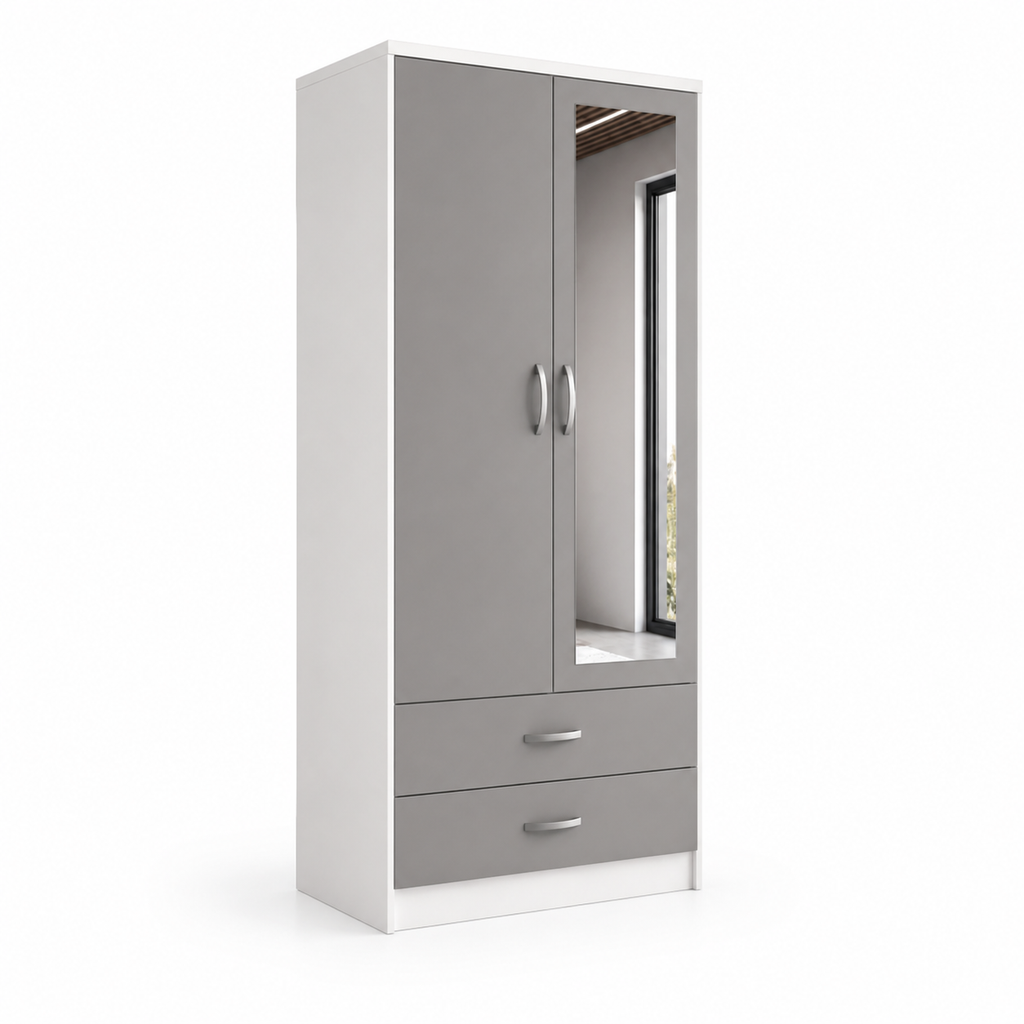 2 Door Wardrobe Single White + Gray | Modern Storage - Detailed Angle View 2
