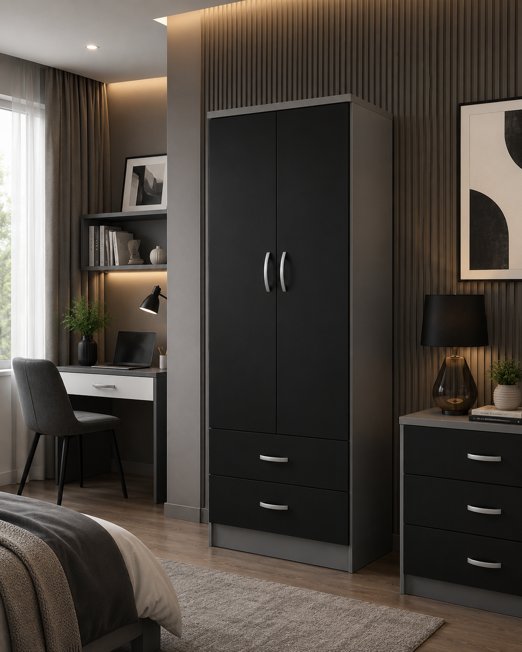 2 Door Wardrobe Single with Bottom Drawers Black + Gray | Executive Vibes - Detailed Angle View 4