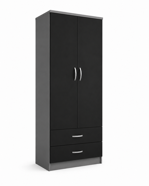 2 Door Wardrobe Single with Bottom Drawers Black + Gray | Royal Rest Interiors - Detailed Angle View 2