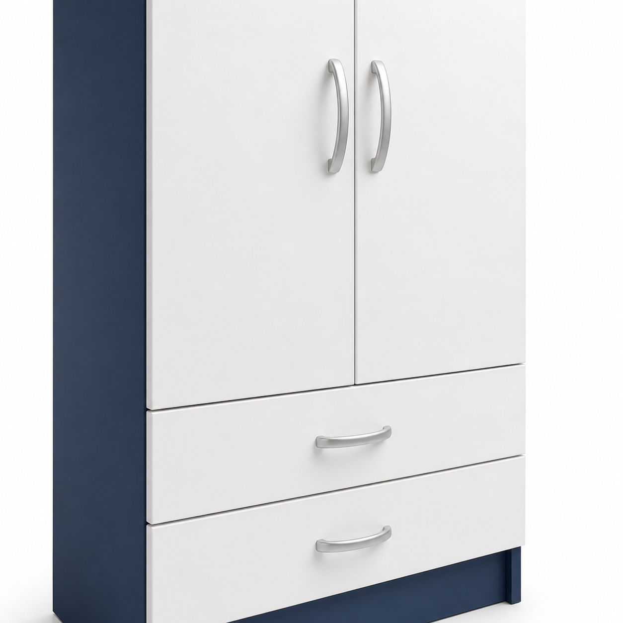 2 Door Wardrobe Single with Bottom Drawers Blue + White | FurniFolks UK - Detailed Angle View 3