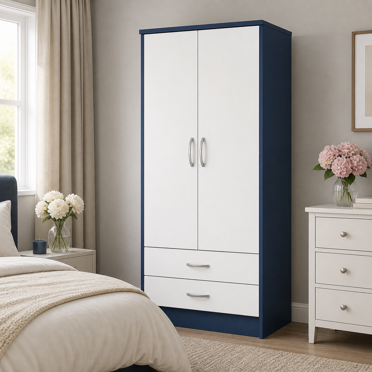2 Door Wardrobe Single with Bottom Drawers Blue + White | FurniFolks UK - Detailed Angle View 4