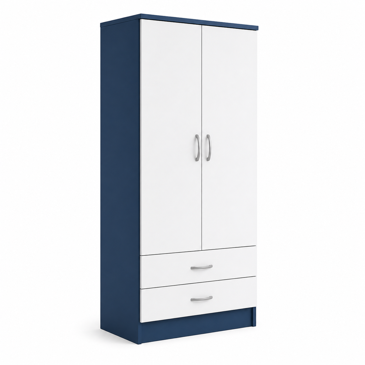 2 Door Wardrobe Single with Bottom Drawers Blue + White | FurniFolks UK - Detailed Angle View 2