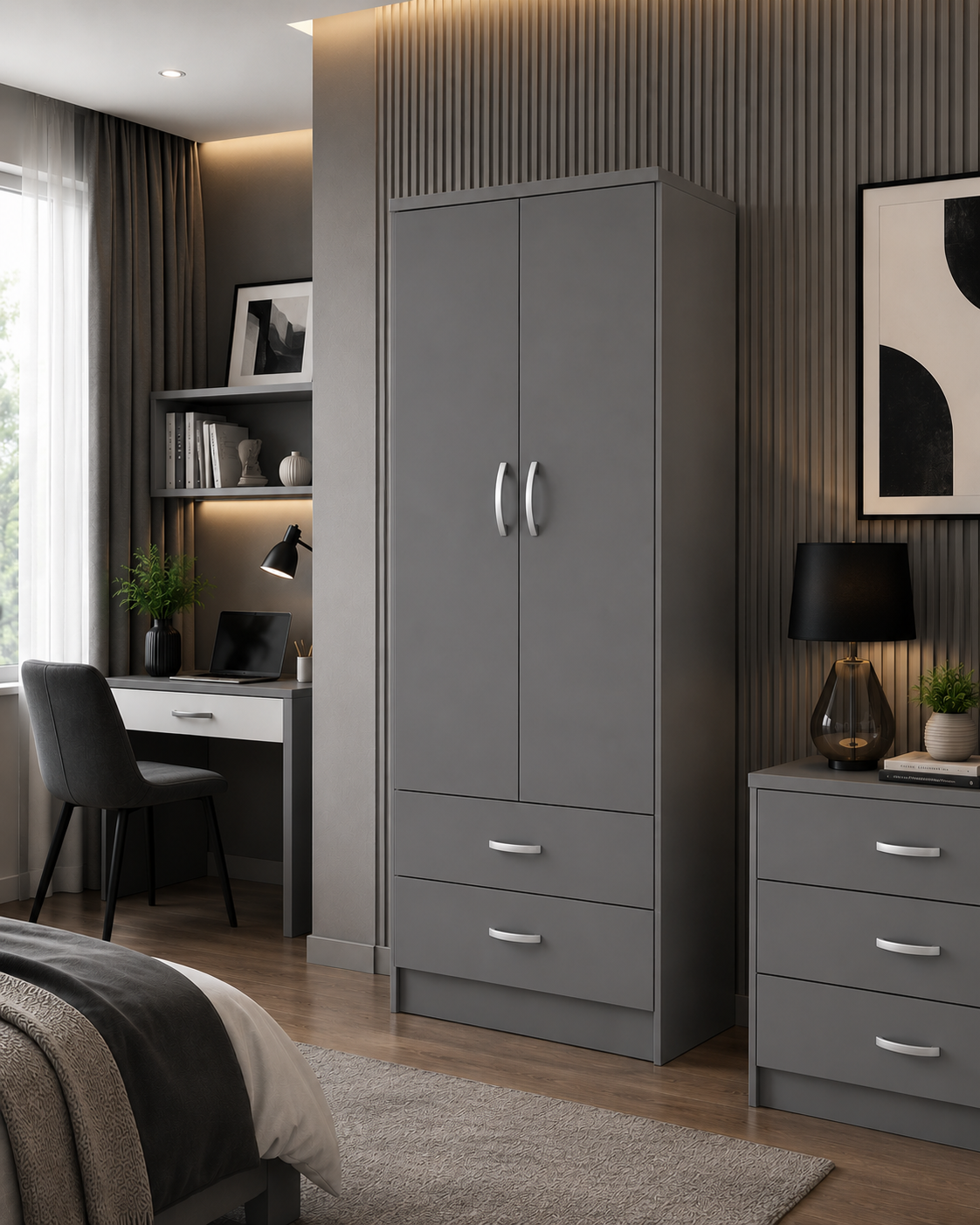 2 Door Wardrobe Single with Bottom Drawers Gray | Modern Storage - Detailed Angle View 4