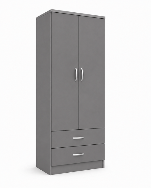 2 Door Wardrobe Single with Bottom Drawers Gray | Royal Rest Interiors - Detailed Angle View 2