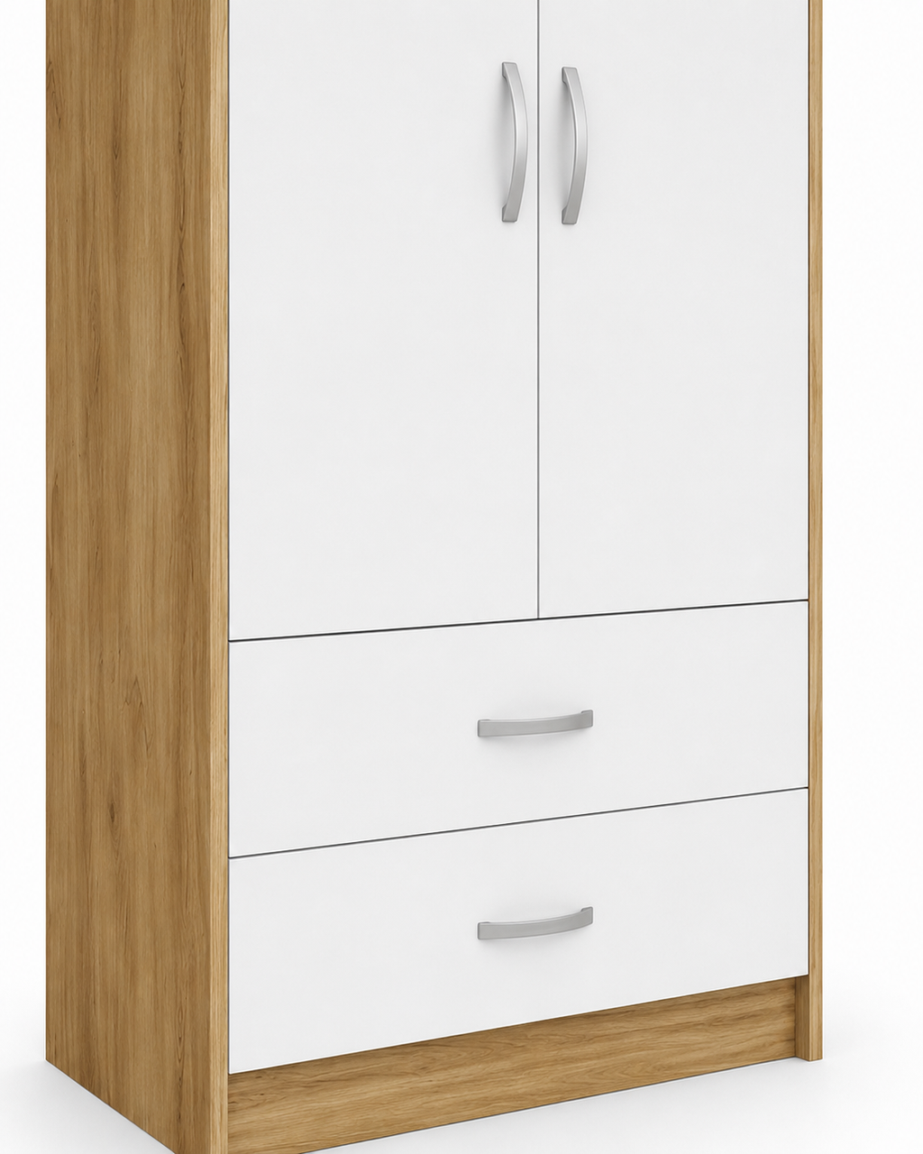 2 Door Wardrobe Single with Bottom Drawers Oak + White | FurniFolks - Detailed Angle View 3