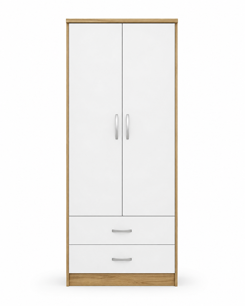 2 Door Wardrobe Single with Bottom Drawers Oak + White | Royal Rest Interiors - Luxury UK Living Room Showcase