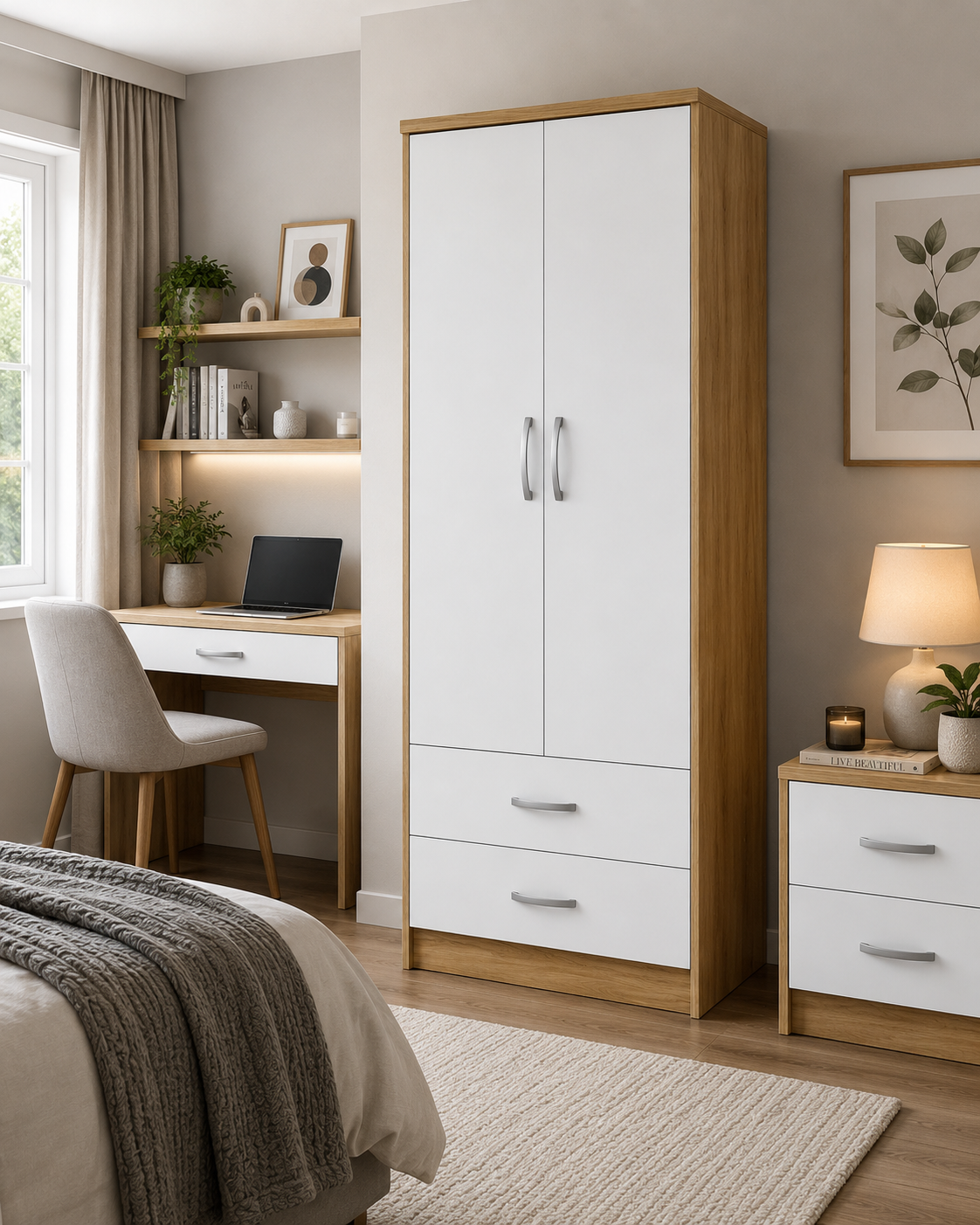 2 Door Wardrobe Single with Bottom Drawers Oak + White | FurniFolks - Detailed Angle View 4