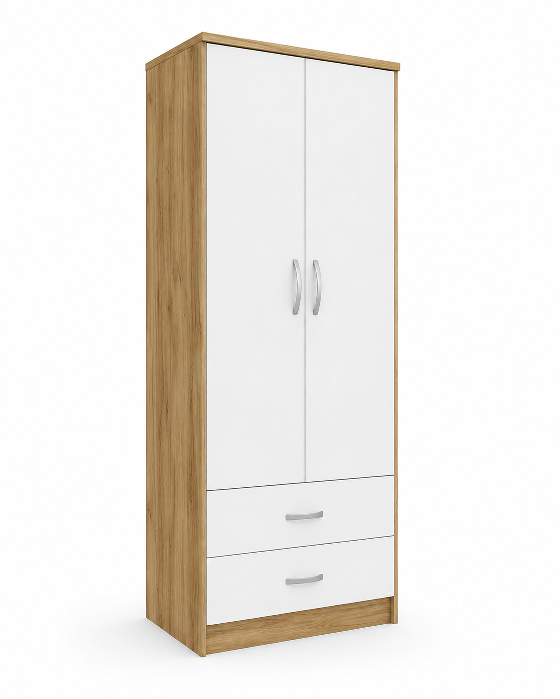 2 Door Wardrobe Single with Bottom Drawers Oak + White | FurniFolks - Detailed Angle View 2