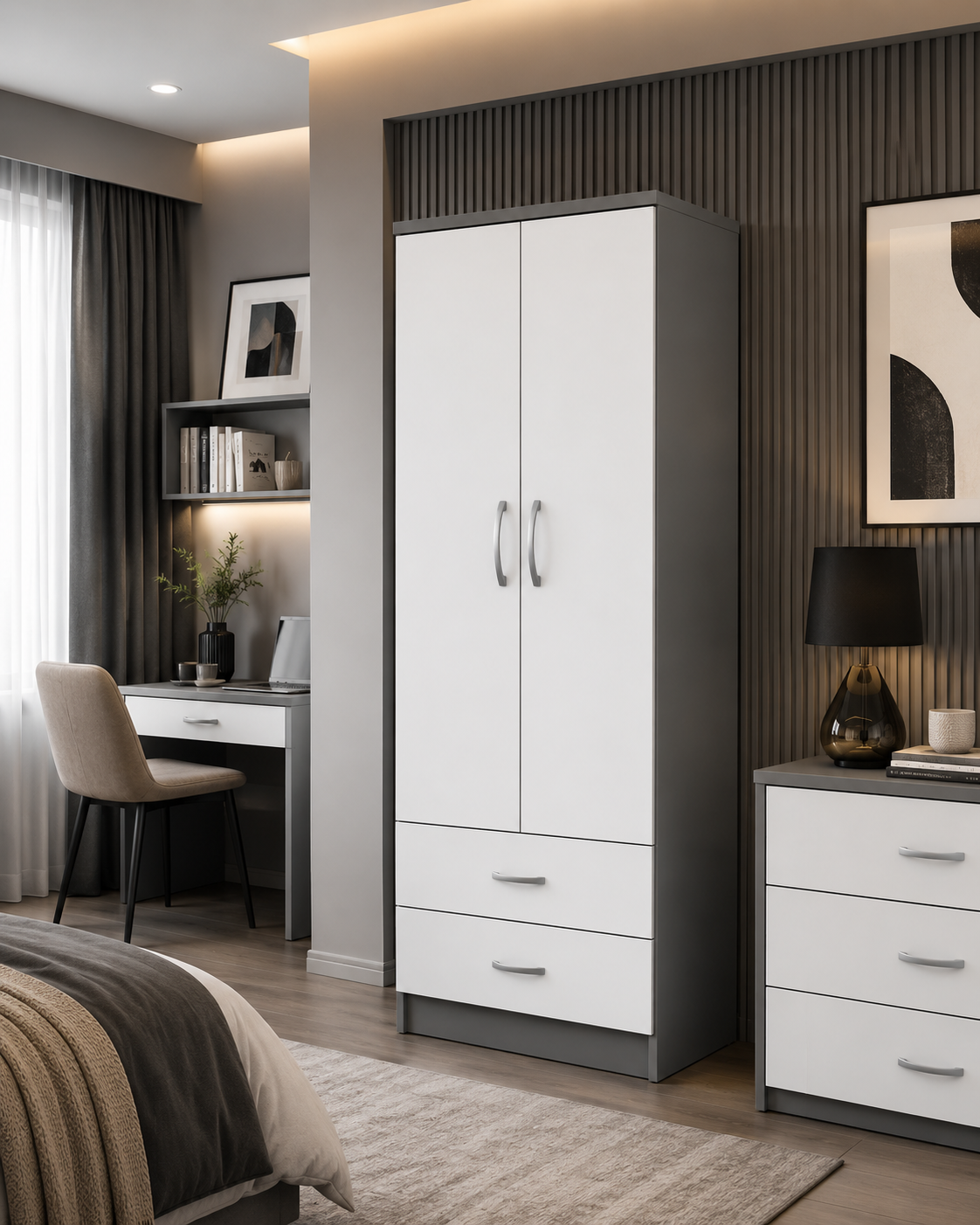 2 Door Wardrobe Single with Bottom Drawers White + Gray | FurniFolks - Detailed Angle View 4