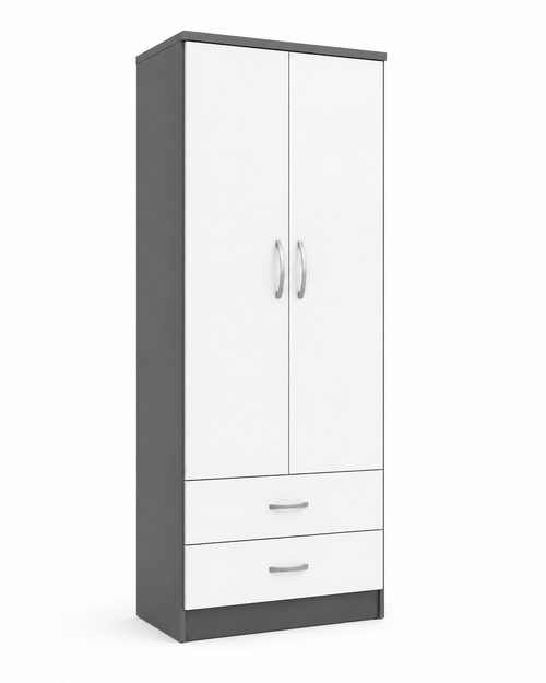 2 Door Wardrobe Single with Bottom Drawers White + Gray | Royal Rest Interiors - Detailed Angle View 2