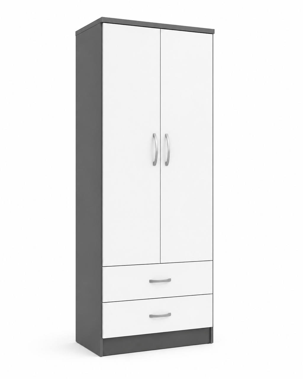 2 Door Wardrobe Single with Bottom Drawers White + Gray | FurniFolks - Detailed Angle View 2