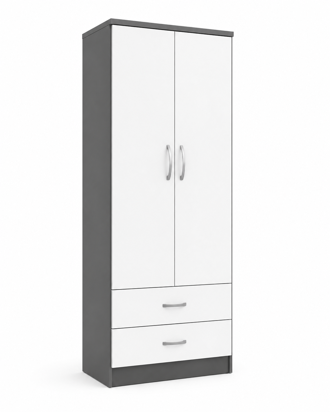 2 Door Wardrobe Single with Bottom Drawers White + Gray | FurniFolks - Detailed Angle View 2