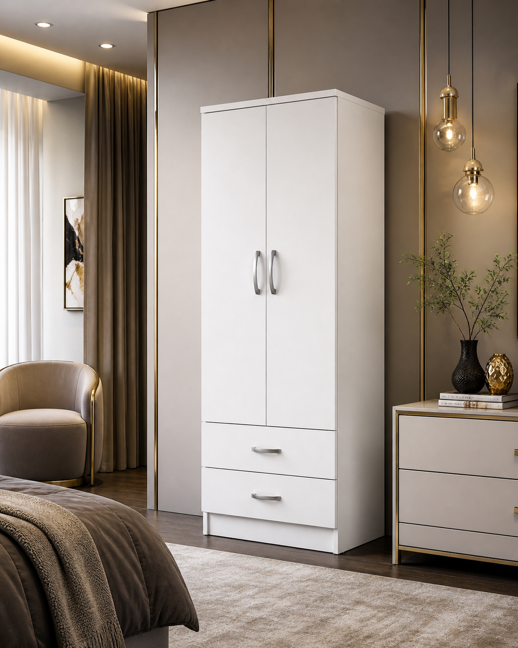 2 Door Wardrobe Single with Bottom Drawers White | Royal Touch - Detailed Angle View 4