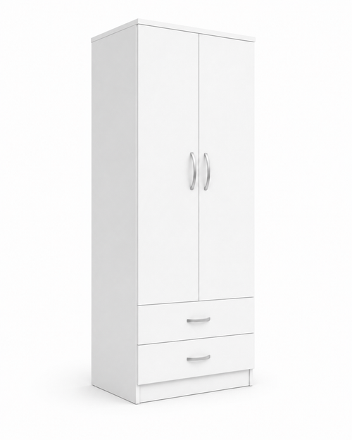 2 Door Wardrobe Single with Bottom Drawers White | Royal Rest Interiors - Detailed Angle View 2