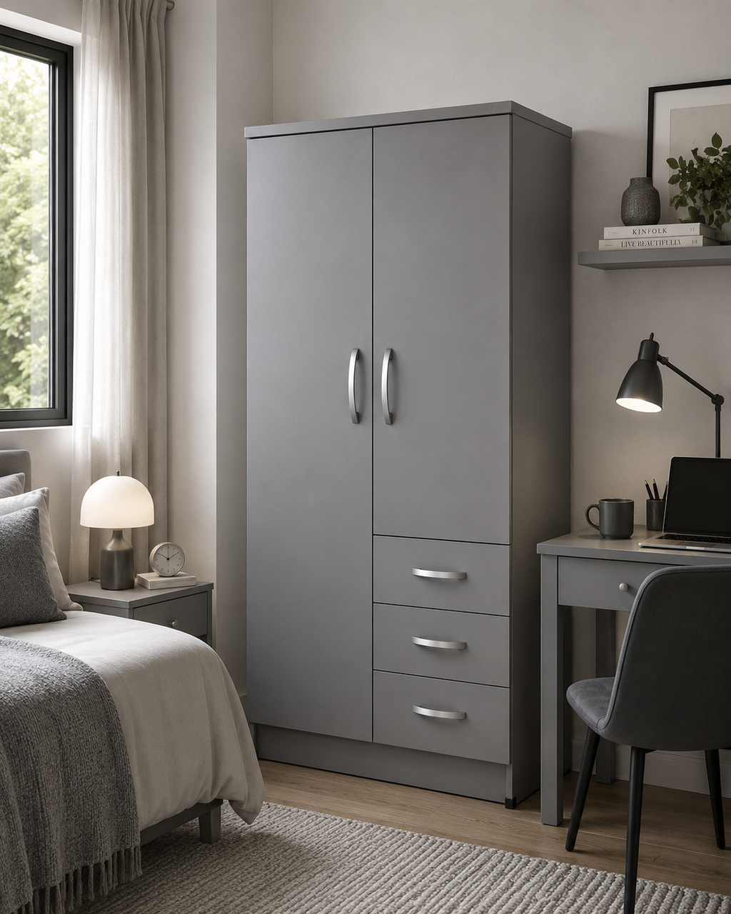 2 Door Wardrobe Single with Drawers Gray | Minimalist Suite - Detailed Angle View 4