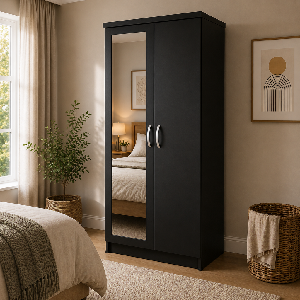 2 Door Wardrobe Single with Side Drawers Black | Executive Fortress - Detailed Angle View 4