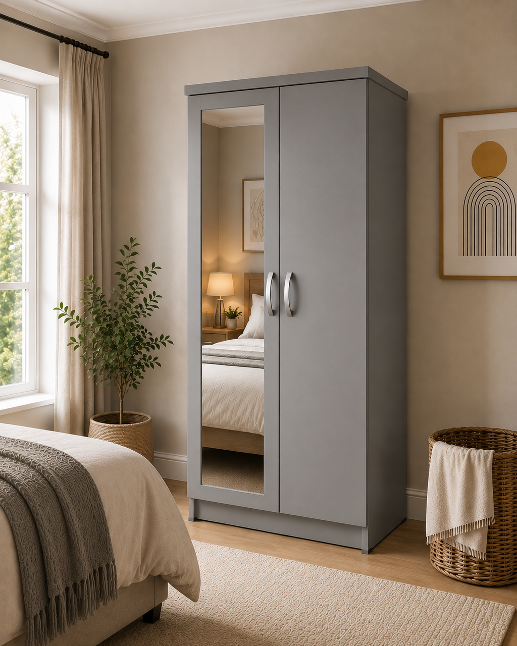 2 Door Wardrobe Single with Side Drawers Gray | Split-Store - Detailed Angle View 4