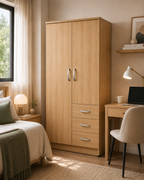 2 Door Wardrobe Single with Side Drawers Oak | Premium Collection - Detailed Angle View 4