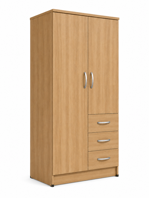 2 Door Wardrobe Single with Side Drawers Oak | Premium Collection - Detailed Angle View 2
