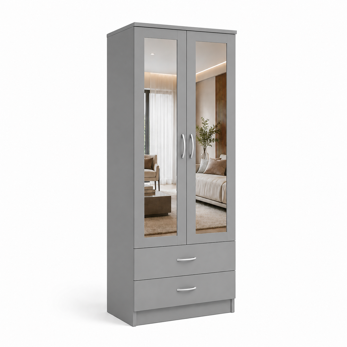 2 Door Wardrobe with 2 Drawers Gray | Slimline Suite - Detailed Angle View 2