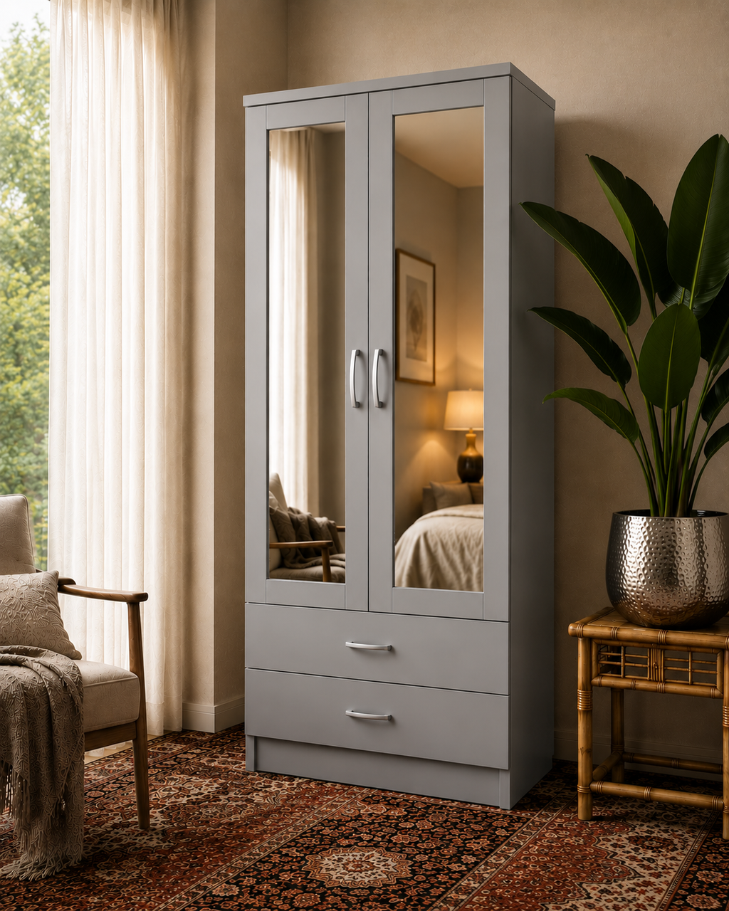 2 Door Wardrobe with 2 Drawers Gray | Slimline Suite - Detailed Angle View 7