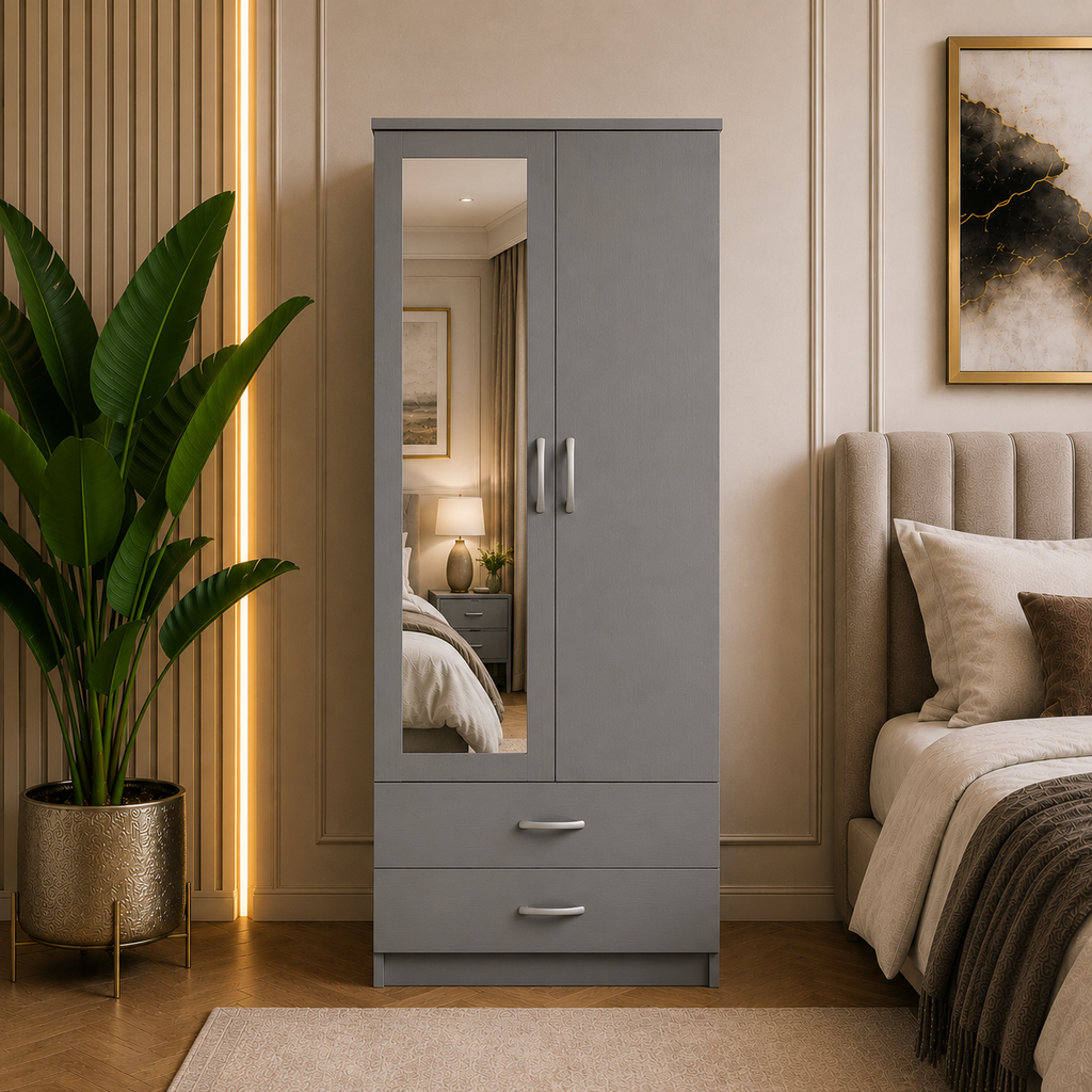 2 Door Wardrobe with 2 Drawers Gray | Slimline Suite - Detailed Angle View 6