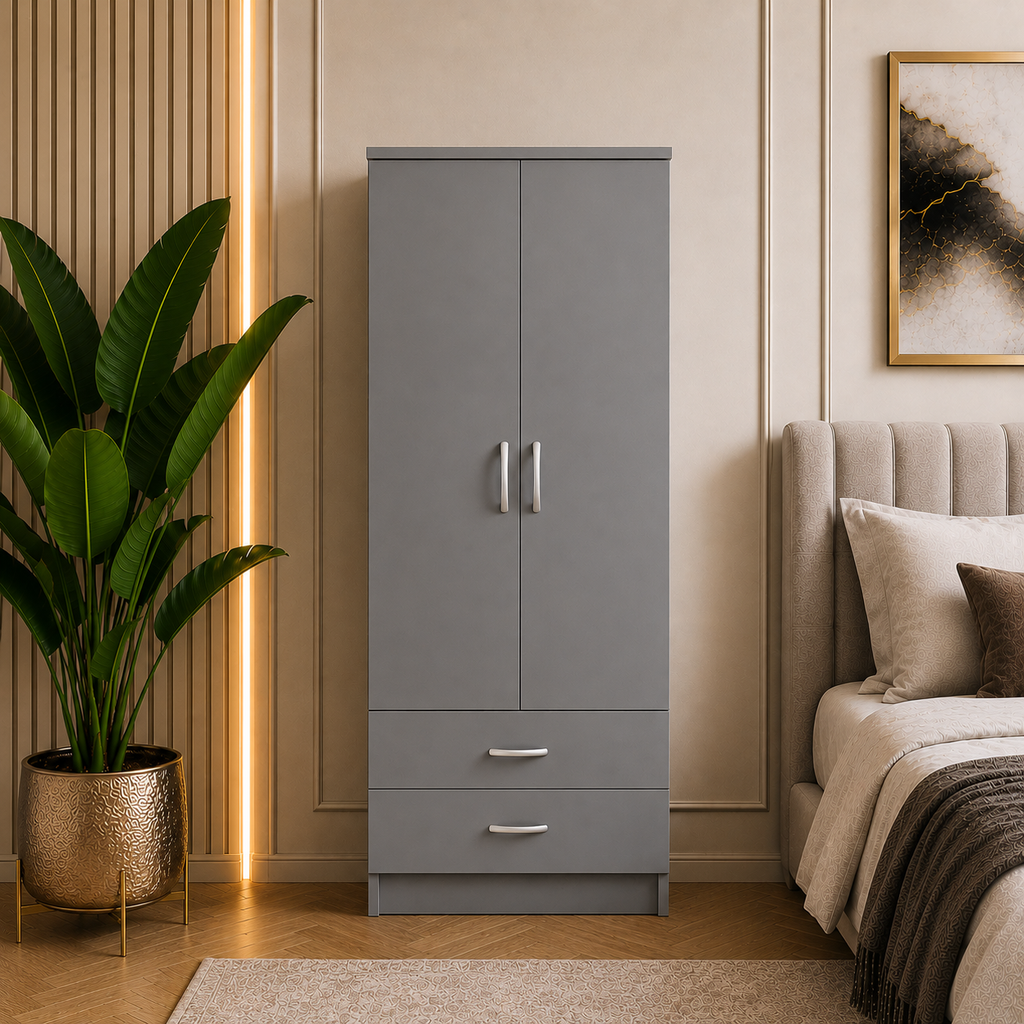 2 Door Wardrobe with 2 Drawers Gray | Slimline Suite - Detailed Angle View 5