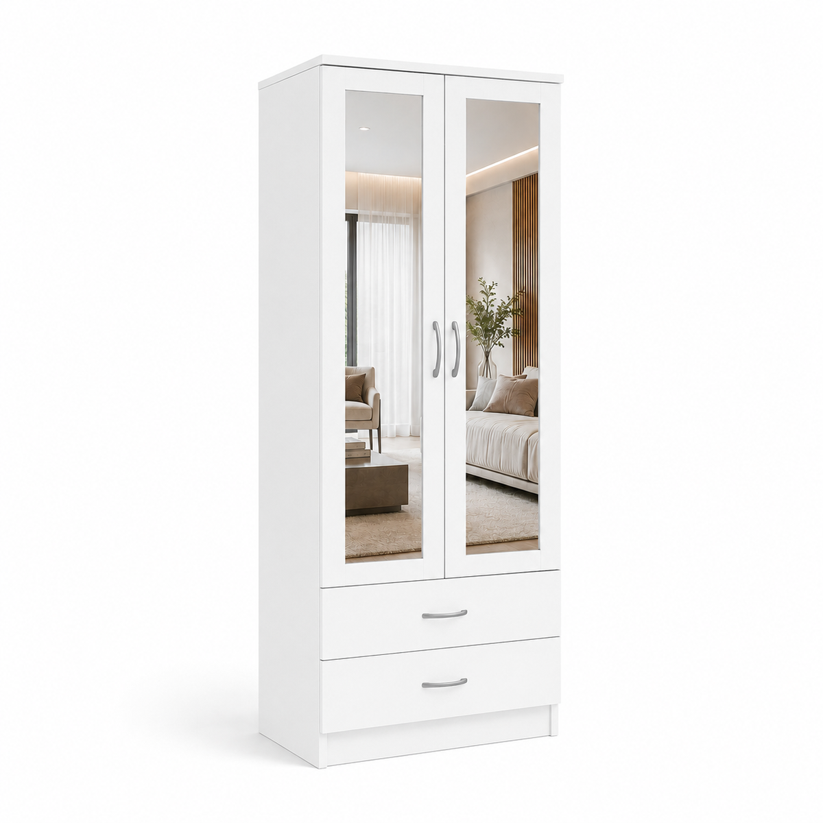 2 Door Wardrobe with 2 Drawers White | Compact Essentials - Detailed Angle View 2
