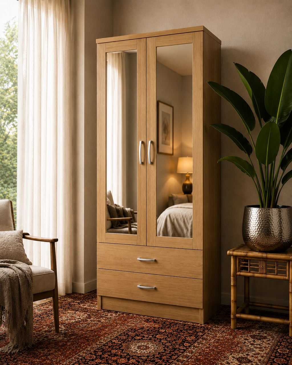 2 Door Wardrobe with 2 Drawers Oak | Boutique Station - Detailed Angle View 7