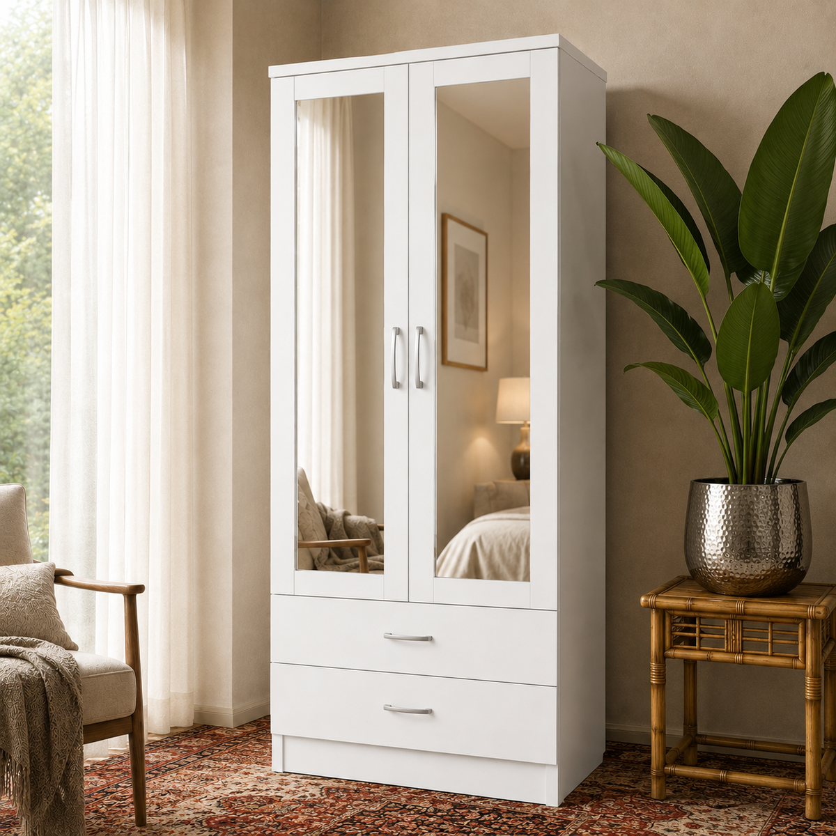 2 Door Wardrobe with 2 Drawers White | Compact Essentials - Detailed Angle View 7
