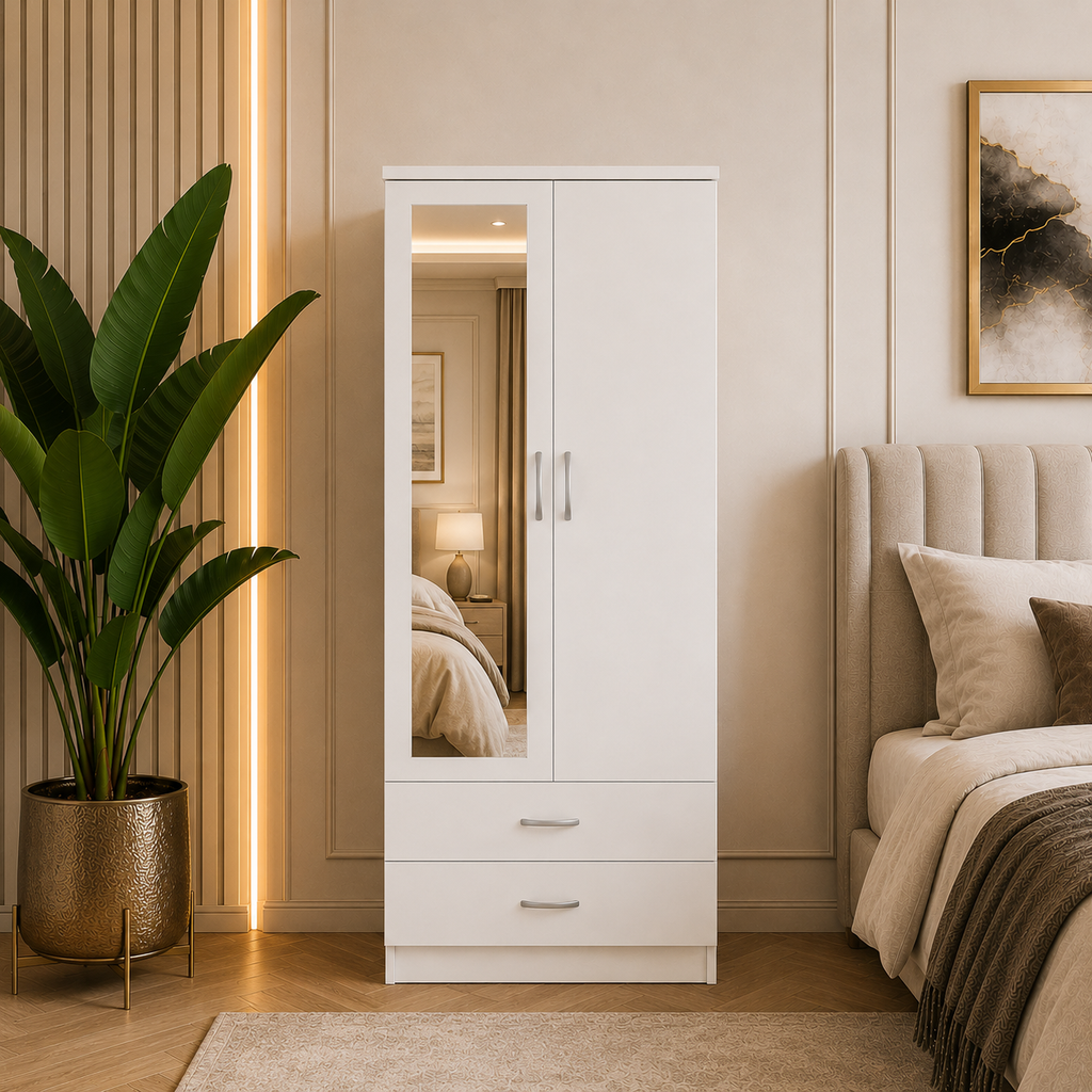 2 Door Wardrobe with 2 Drawers White | Compact Essentials - Detailed Angle View 5